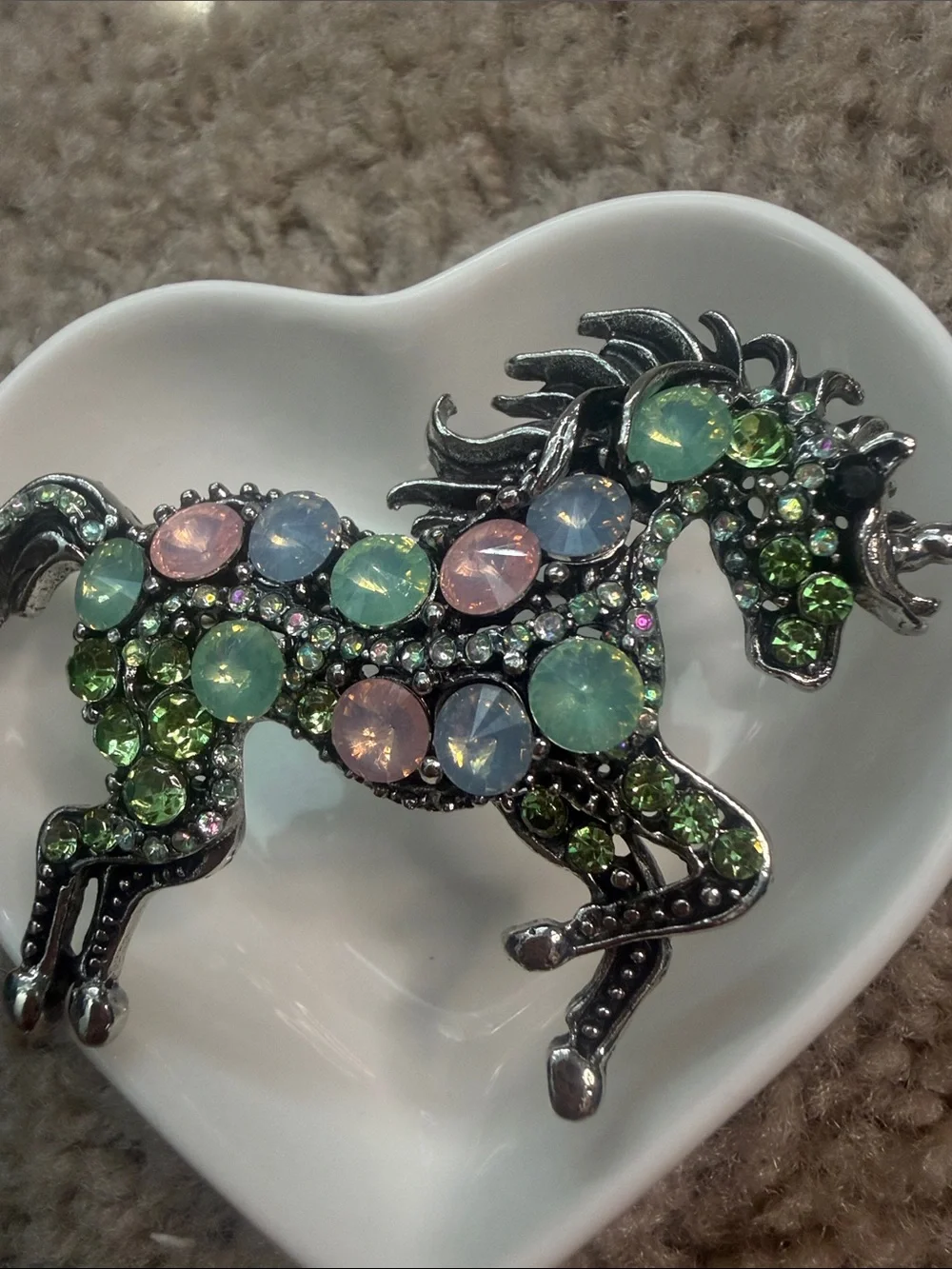 Rhinestone Unicorn Brooch in Green, Pastel Pink & Blue